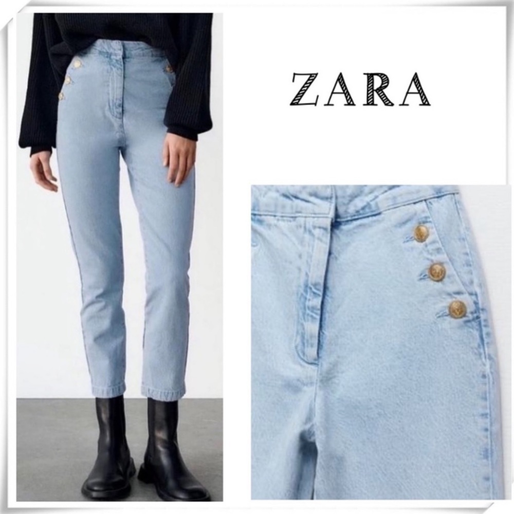 ZARA Sailor Gold Button High Rise Straight Legs Jeans in Light Washed Size M